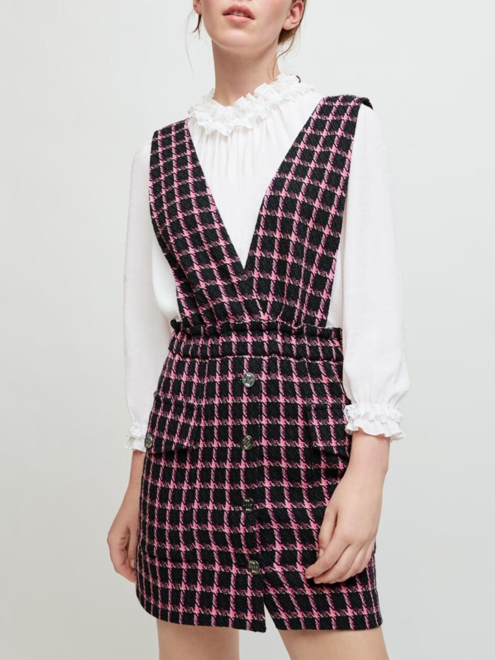 Maje Ritrite Fuchsia Pink & Black Tweed Check Plaid Strapless Pinafore Dress